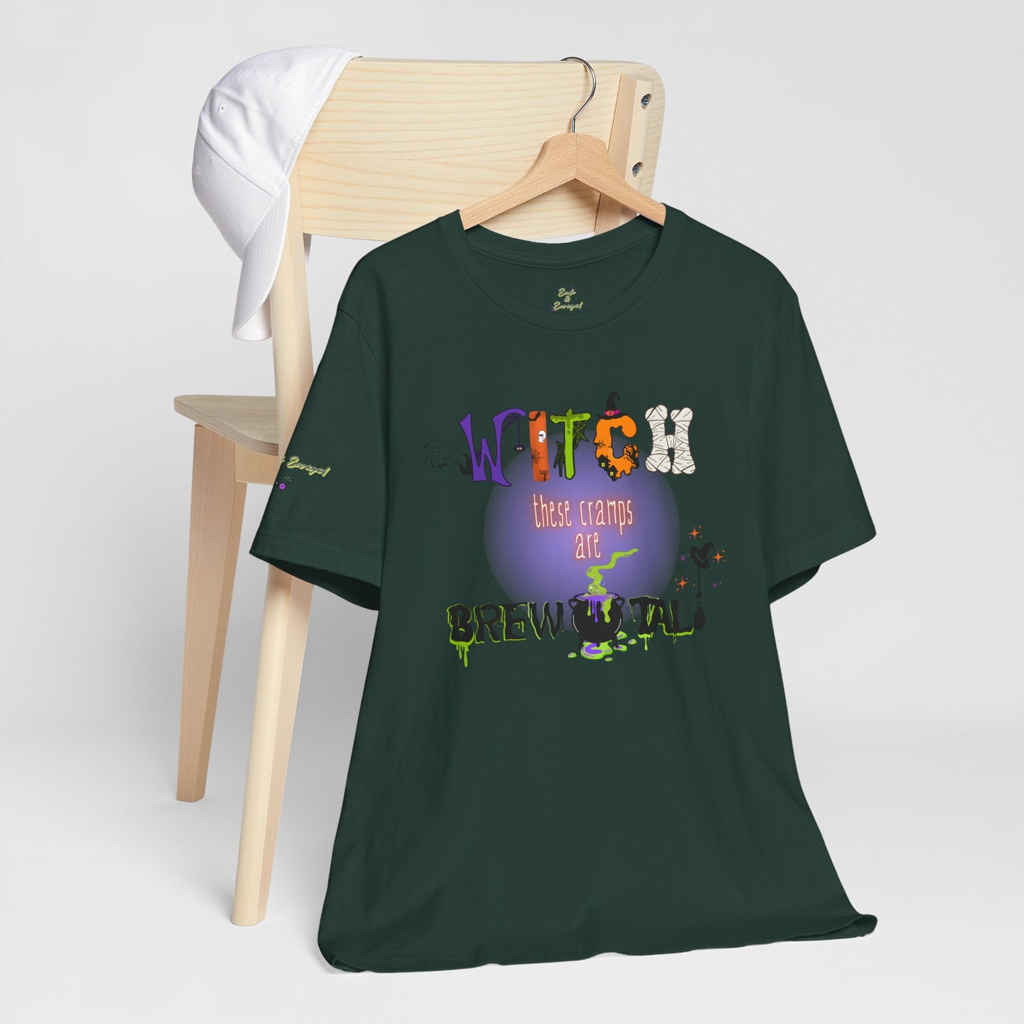 Endo Humor T-Shirt – Witch These Cramps Are Brew-tal! Funny Period Awareness Tee for Women”