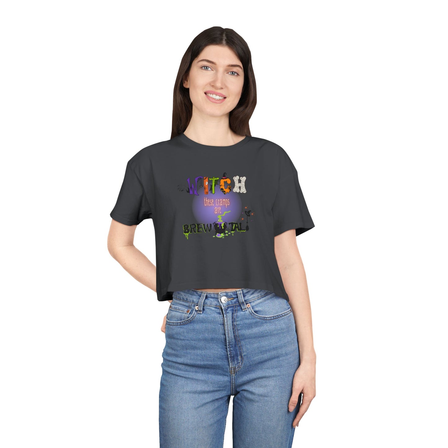 Endo Humor Cropped T-Shirt β Witch These Cramps Are Brew-tal! Funny Period Awareness Tee for Women