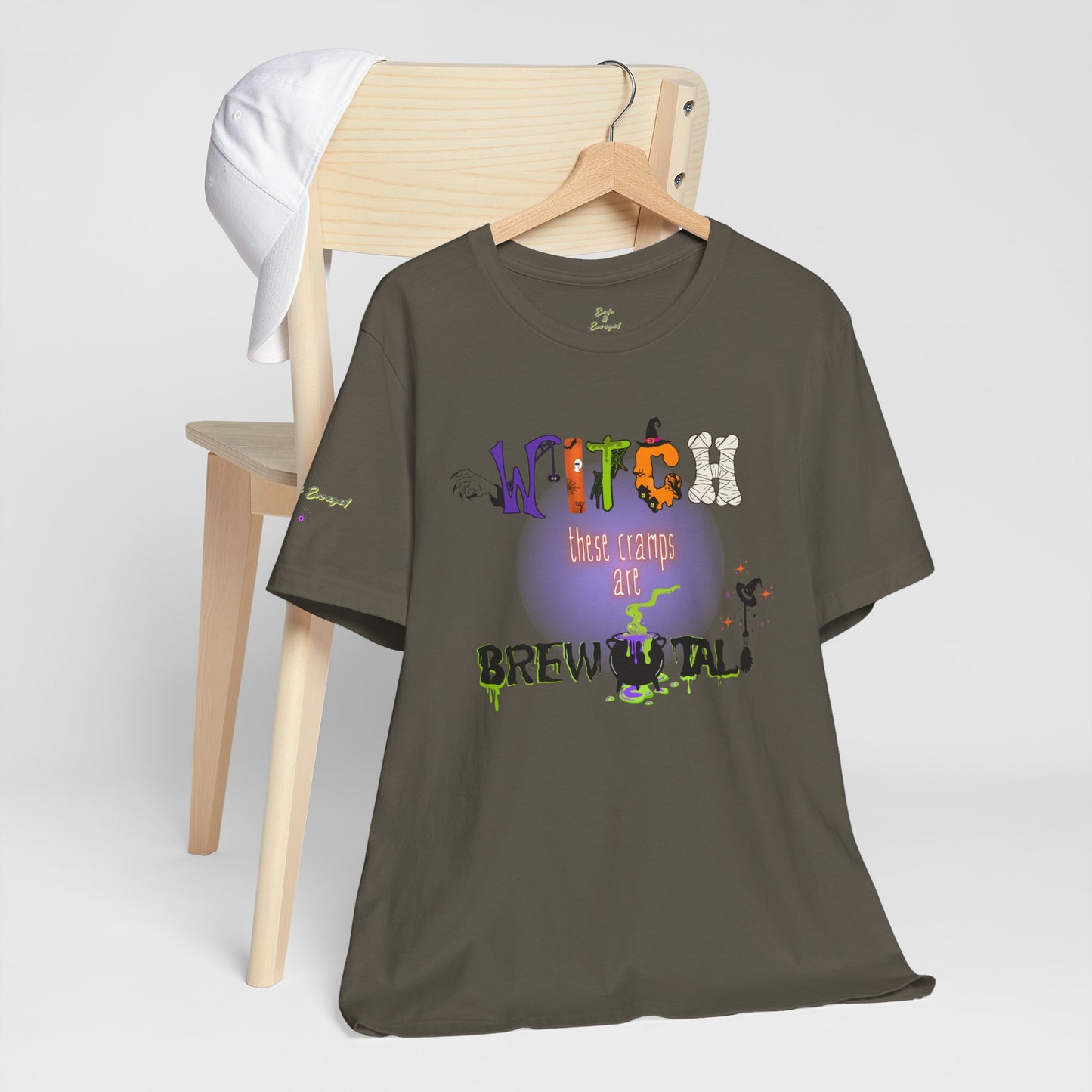 Endo Humor T-Shirt – Witch These Cramps Are Brew-tal! Funny Period Awareness Tee for Women”