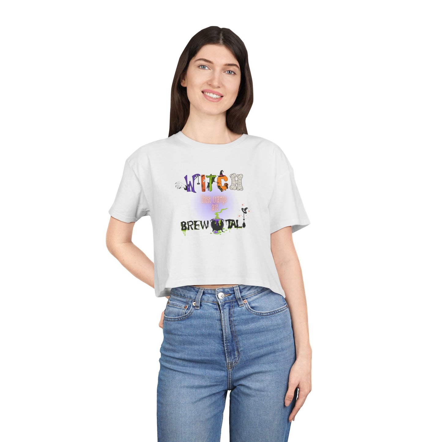 Endo Humor Cropped T-Shirt β Witch These Cramps Are Brew-tal! Funny Period Awareness Tee for Women