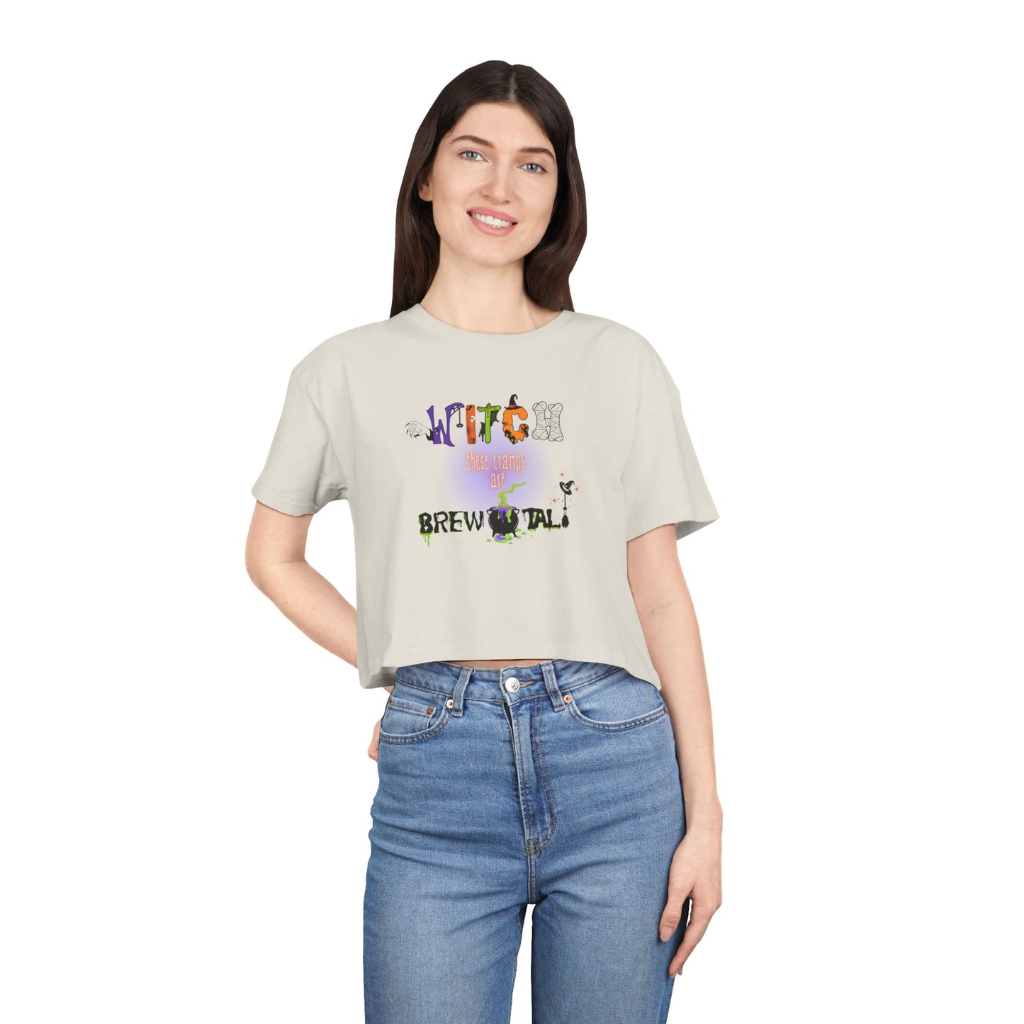 Endo Humor Cropped T-Shirt β Witch These Cramps Are Brew-tal! Funny Period Awareness Tee for Women