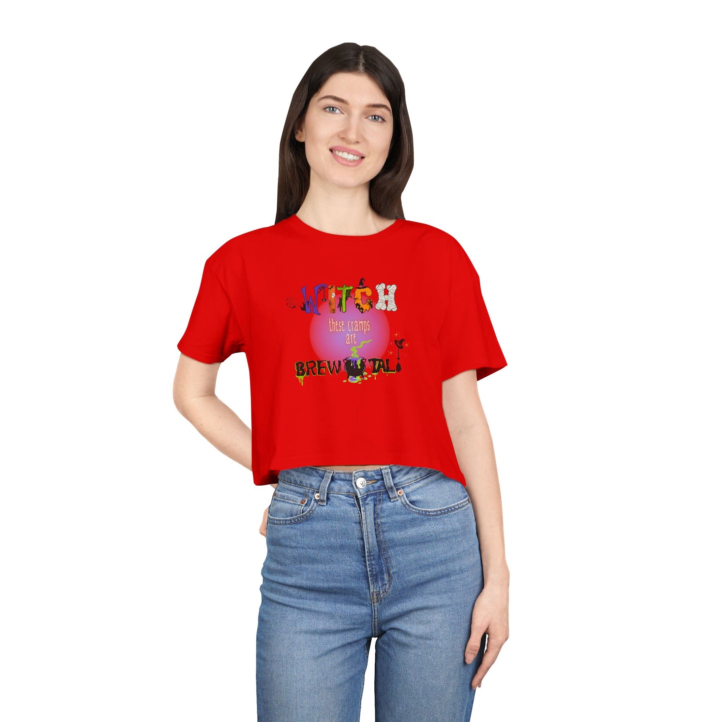 Endo Humor Cropped T-Shirt β Witch These Cramps Are Brew-tal! Funny Period Awareness Tee for Women