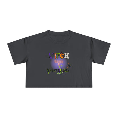 Endo Humor Cropped T-Shirt – Witch These Cramps Are Brew-tal! Funny Period Awareness Tee for Women